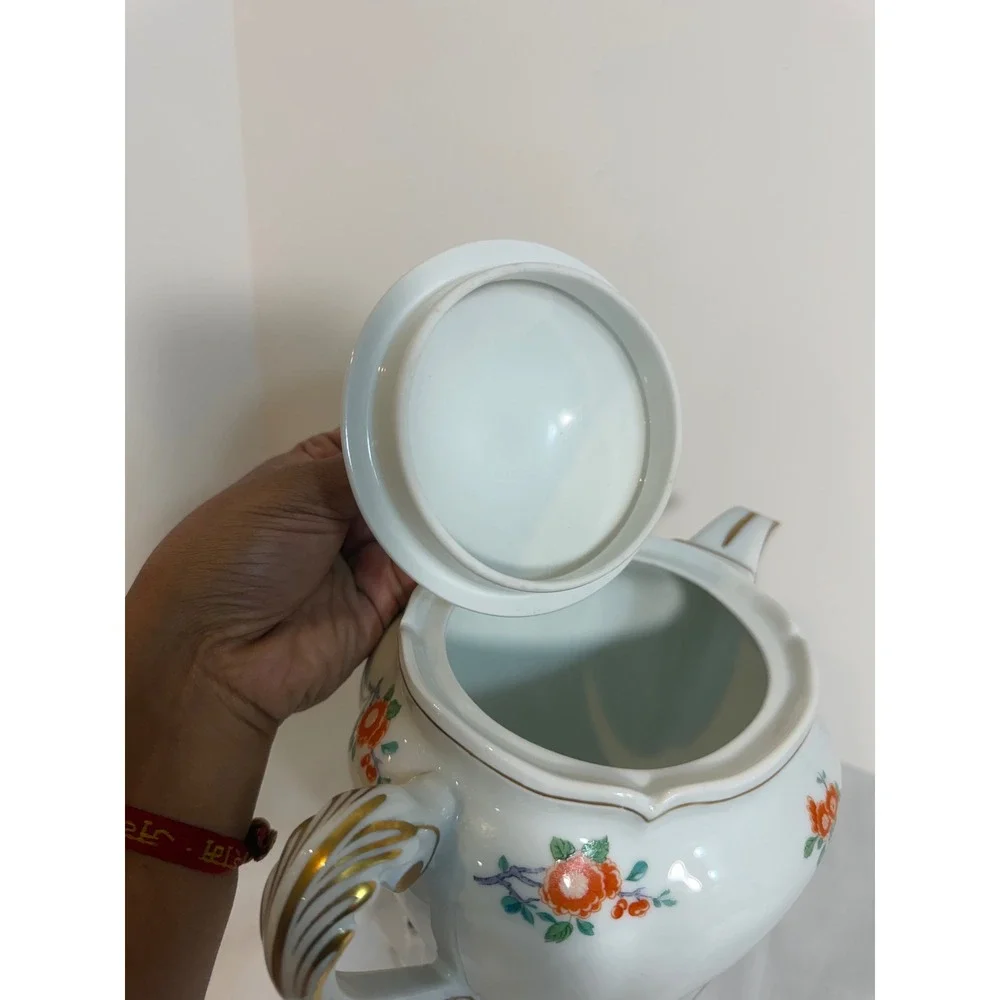 Royale Limoges France Orange-Tree Porcelain Teapot Towle Floral Gold Trim 8in